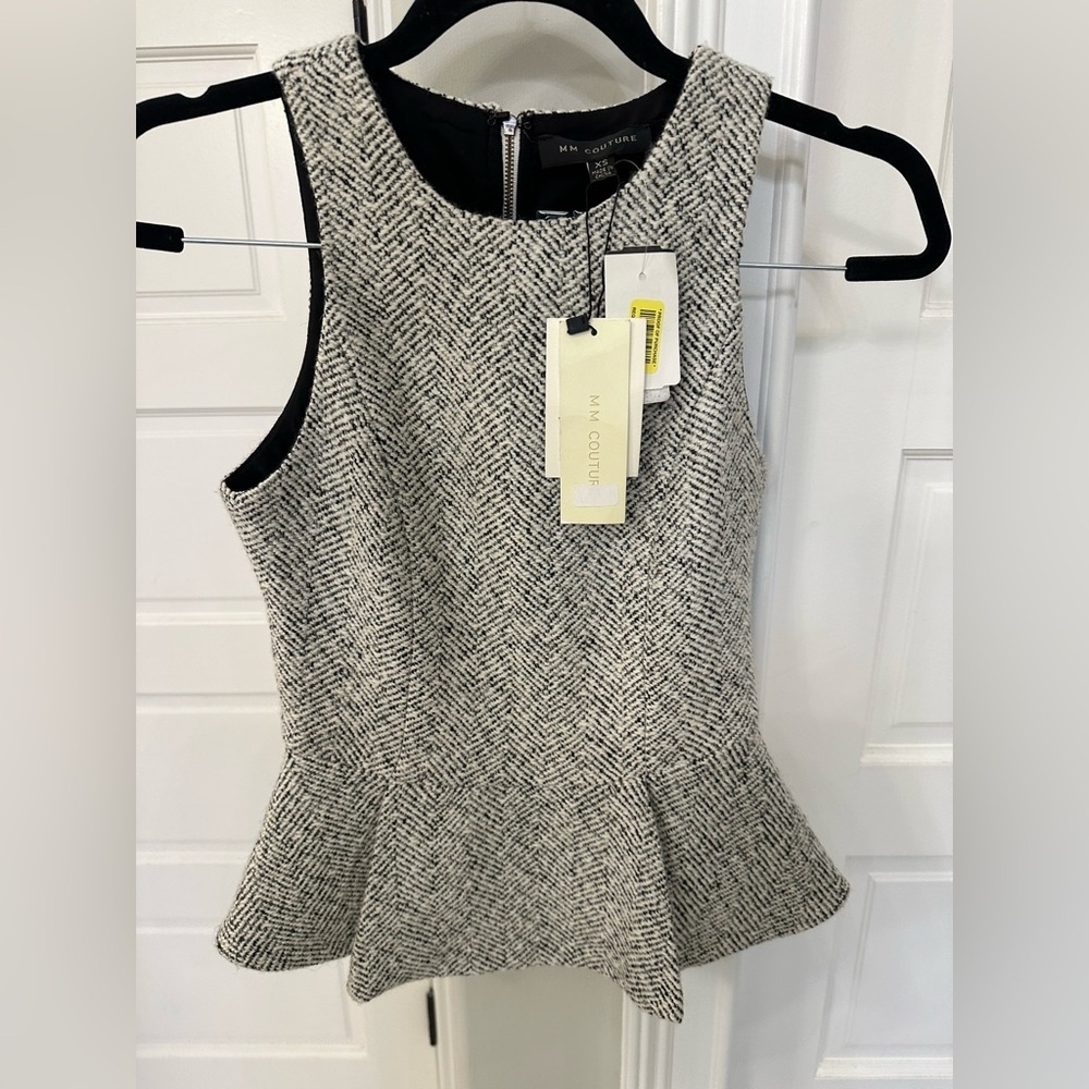 MM Couture By Miss Me Top Womens XS Wool Herringbone Peplum Hem Tweed Office NEW